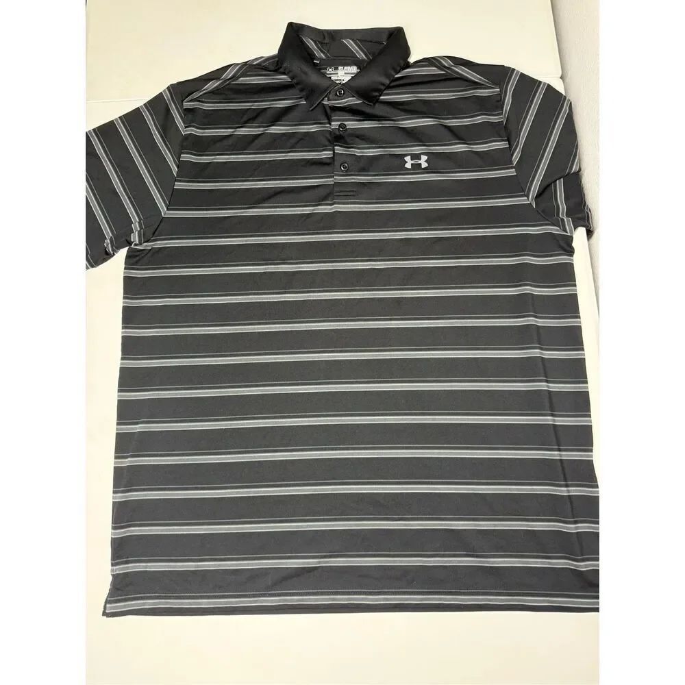 Under Armour Coloblack Men's Black Gray Stripe Polo Shirt Size 2XL